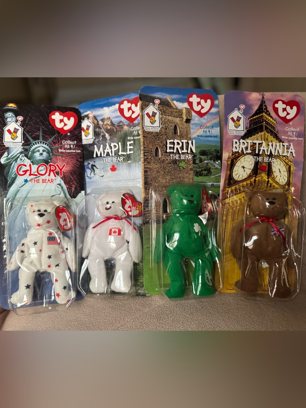Ty Teenie Beanie Babies Glory, Maple, Erin, Britannia Bears Set 1999
